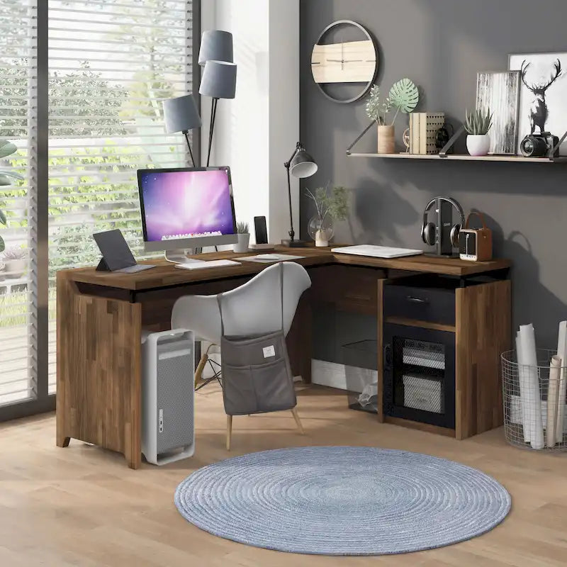 63" L-Shaped Desk with Multi-Storage & Metal Accents