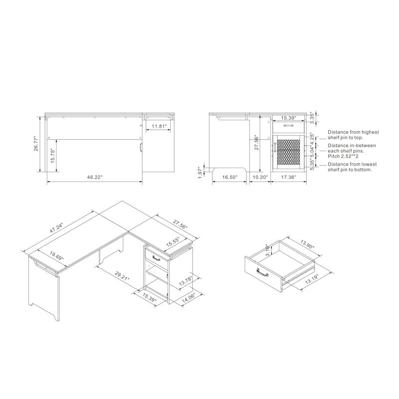 63" L-Shaped Desk with Multi-Storage & Metal Accents
