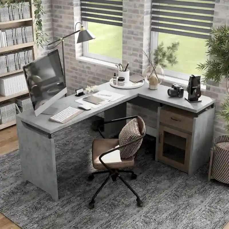 63" L-Shaped Desk with Multi-Storage & Metal Accents