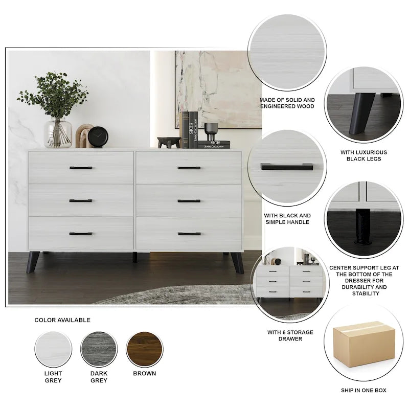 6-Drawer Solid Wood Dresser with Tapered Legs