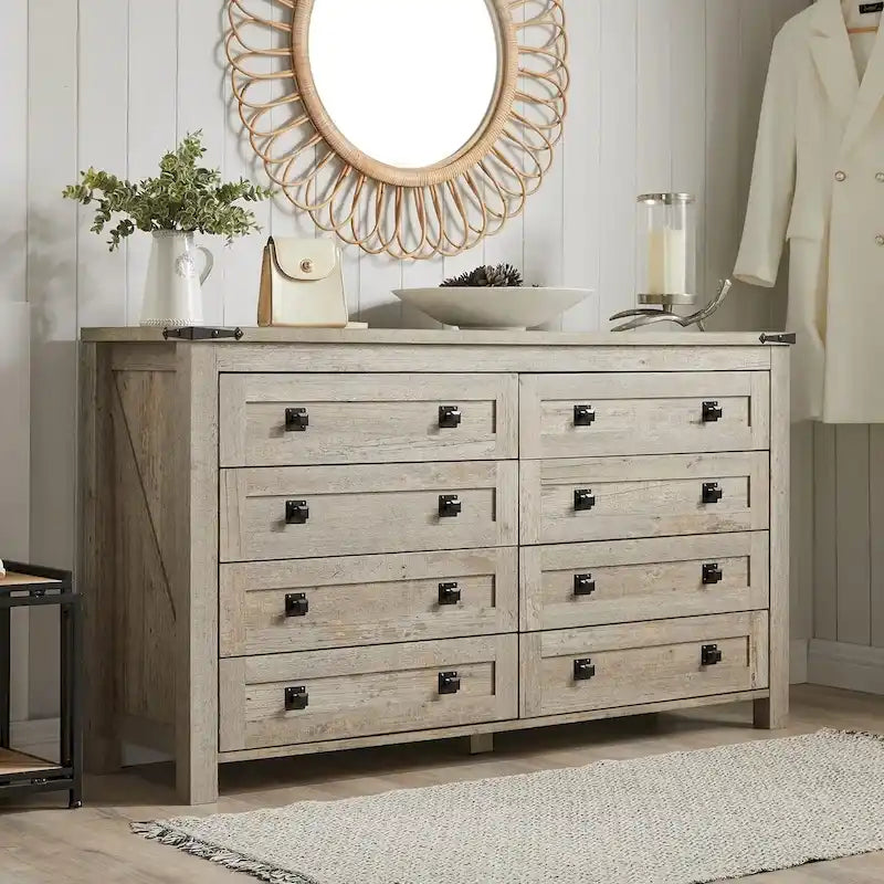 8-Drawer Rustic Barn Door Dresser with Metal Accents