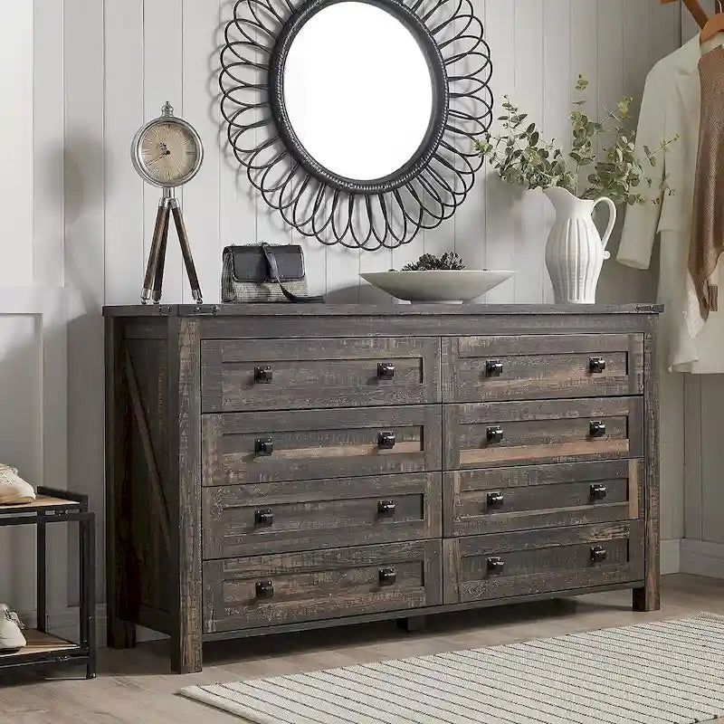 8-Drawer Rustic Barn Door Dresser with Metal Accents