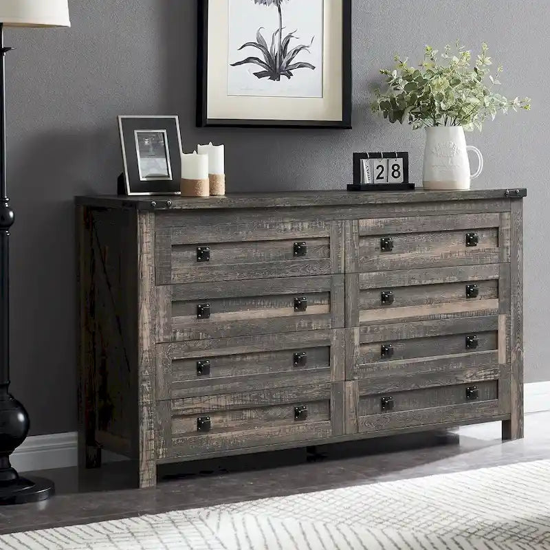 8-Drawer Rustic Barn Door Dresser with Metal Accents