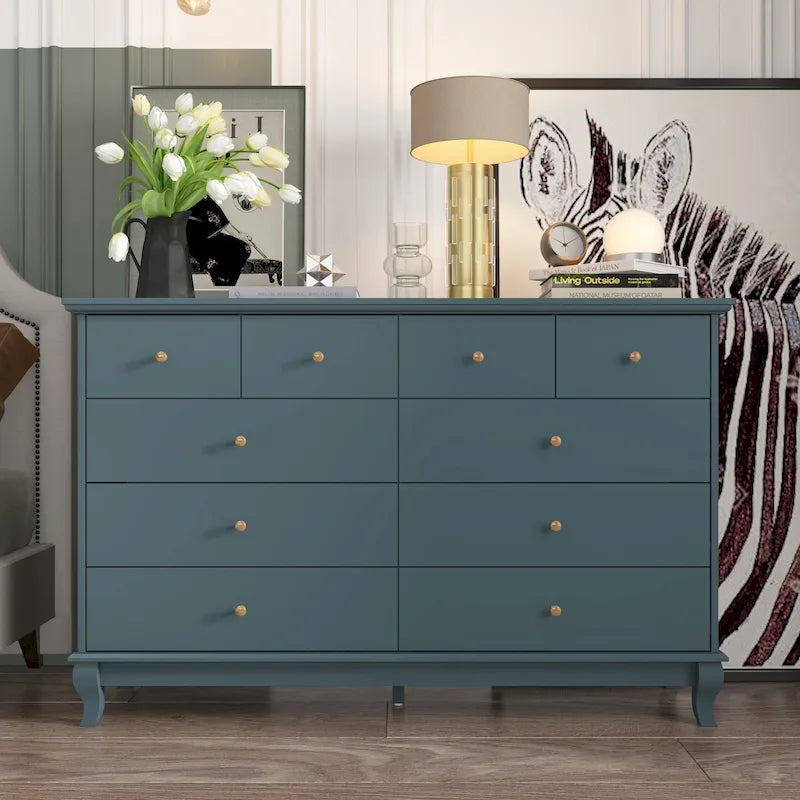 Wide 10-Drawer Double Dresser — Lacquer Finish with Metal Handles
