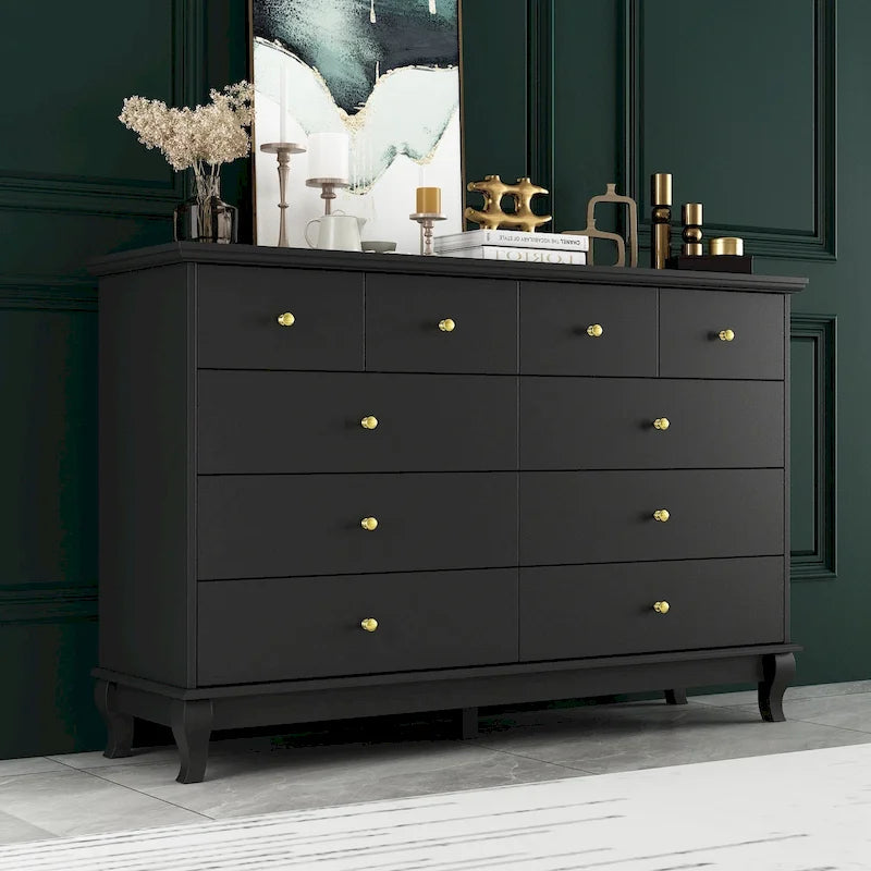 Wide 10-Drawer Double Dresser — Lacquer Finish with Metal Handles