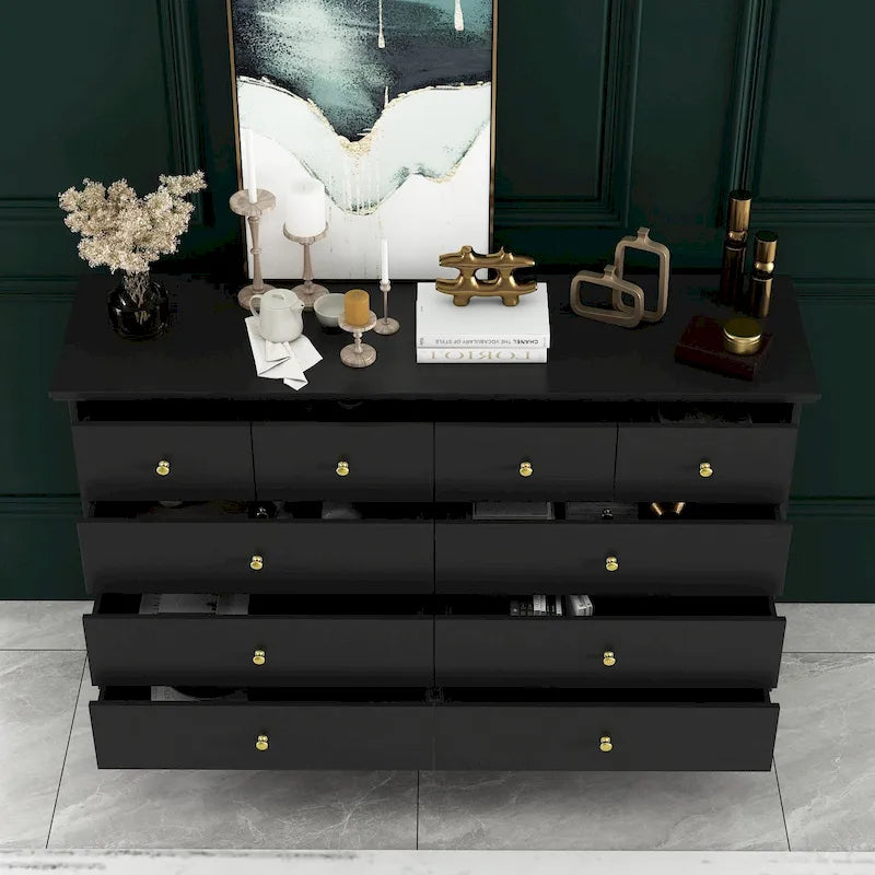 Wide 10-Drawer Double Dresser — Lacquer Finish with Metal Handles