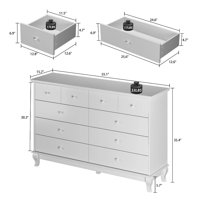 Wide 10-Drawer Double Dresser — Lacquer Finish with Metal Handles