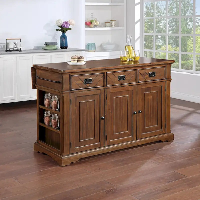 Farmhouse Kitchen Island with 3 Drawers, 3-Door Cabinet & Spice Racks