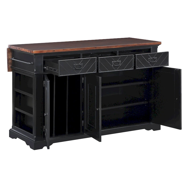 Farmhouse Kitchen Island with 3 Drawers, 3-Door Cabinet & Spice Racks