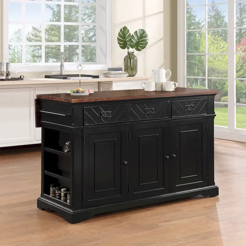 Farmhouse Kitchen Island with 3 Drawers, 3-Door Cabinet & Spice Racks