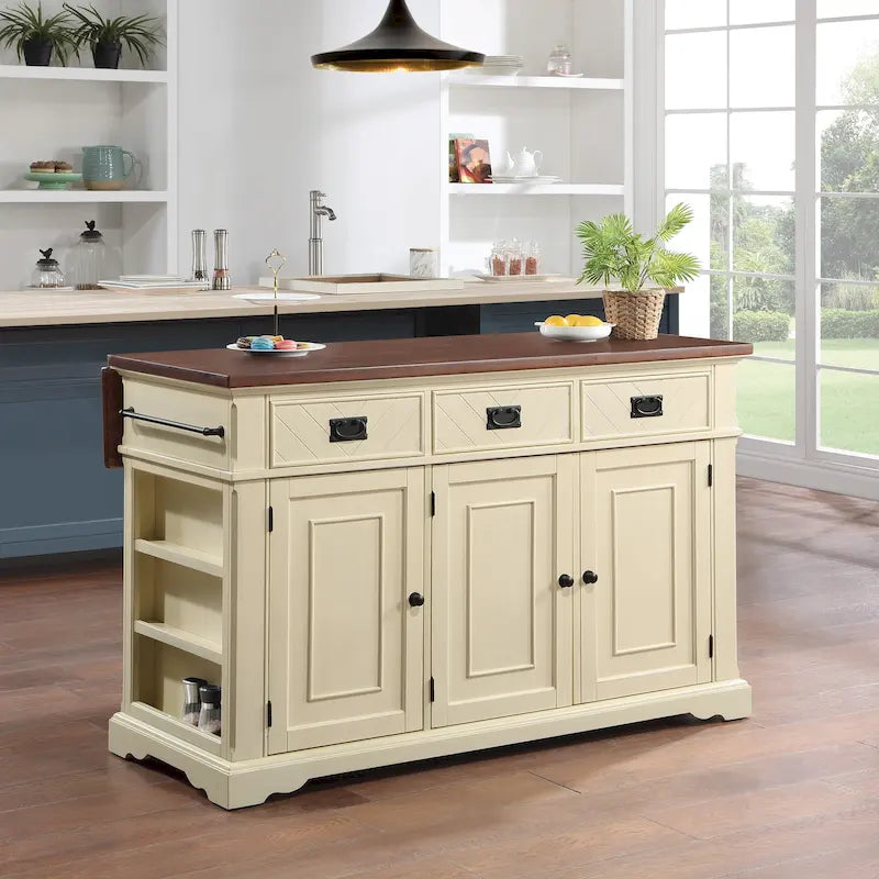 Farmhouse Kitchen Island with 3 Drawers, 3-Door Cabinet & Spice Racks