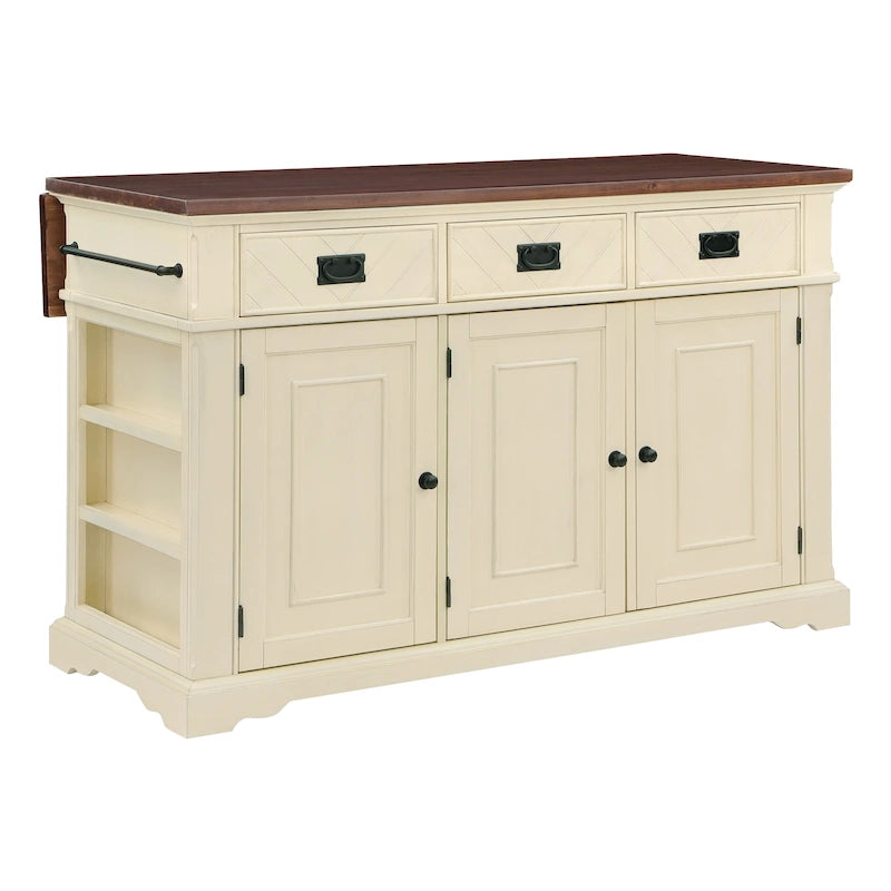 Farmhouse Kitchen Island with 3 Drawers, 3-Door Cabinet & Spice Racks