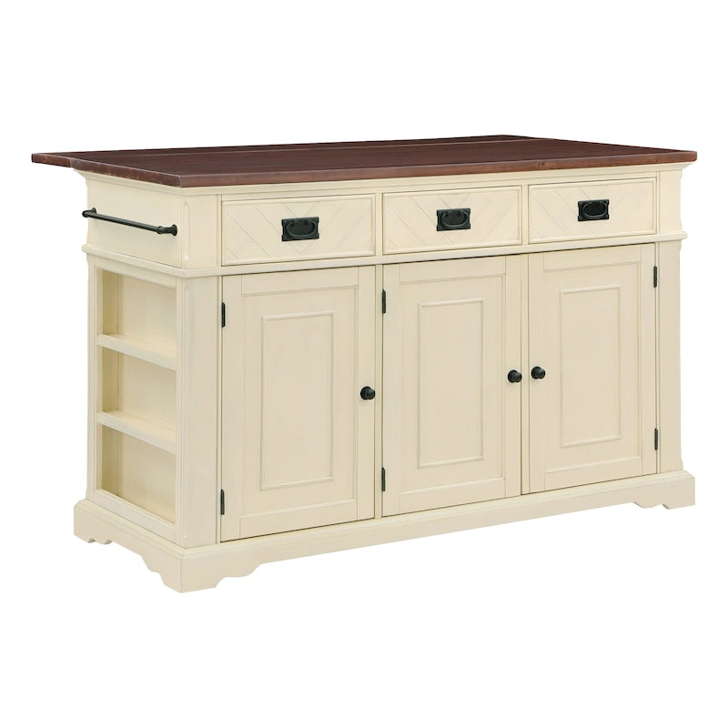 Farmhouse Kitchen Island with 3 Drawers, 3-Door Cabinet & Spice Racks