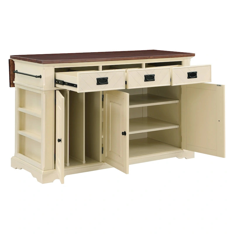 Farmhouse Kitchen Island with 3 Drawers, 3-Door Cabinet & Spice Racks