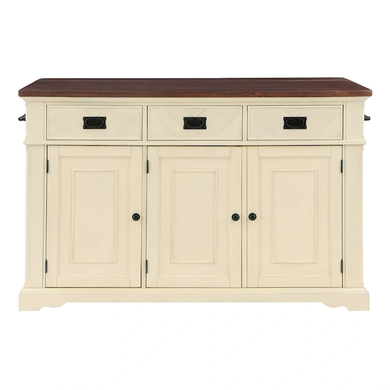Farmhouse Kitchen Island with 3 Drawers, 3-Door Cabinet & Spice Racks