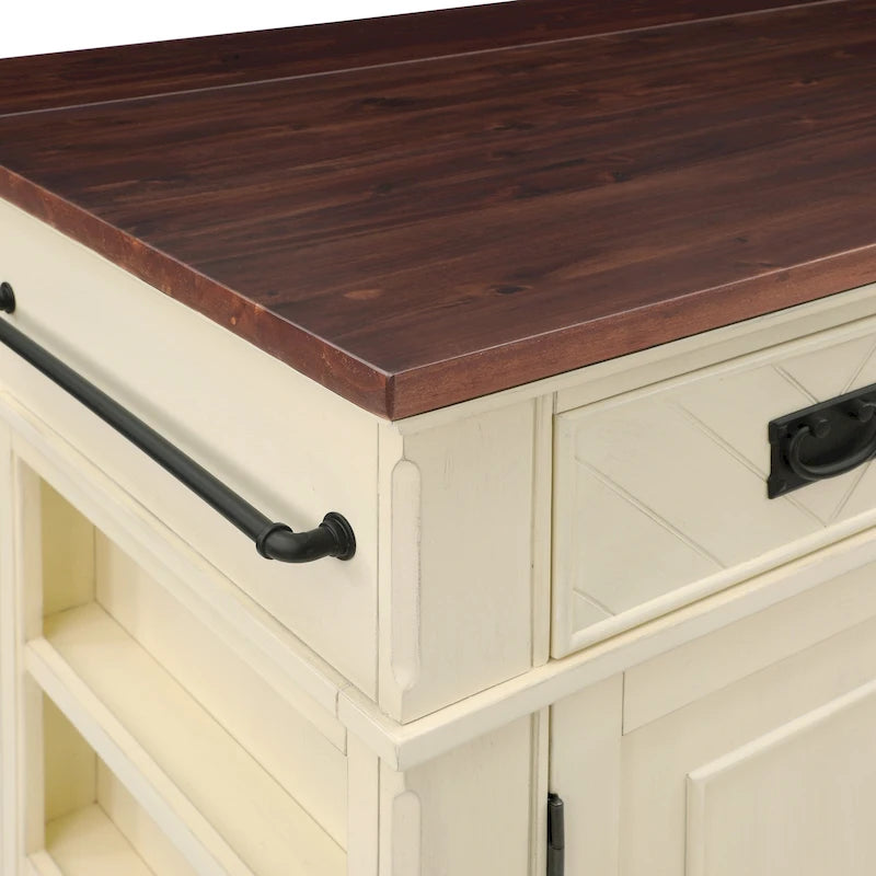 Farmhouse Kitchen Island with 3 Drawers, 3-Door Cabinet & Spice Racks