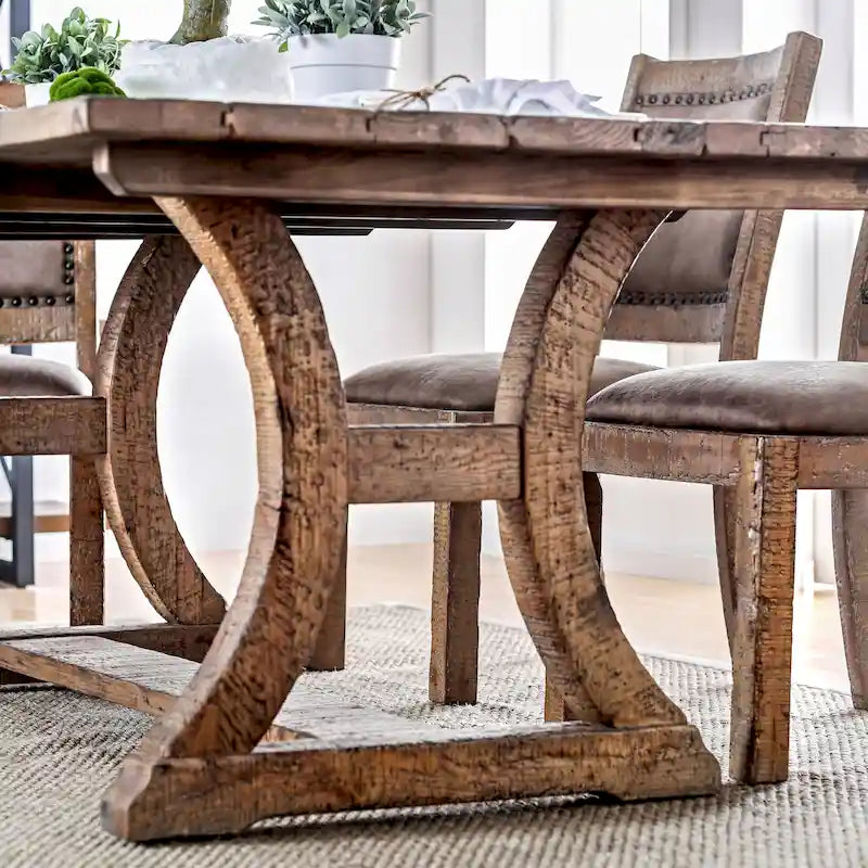Farmhouse Solid Pine Wood Dining Table with Trestle Base — Weathered Finish