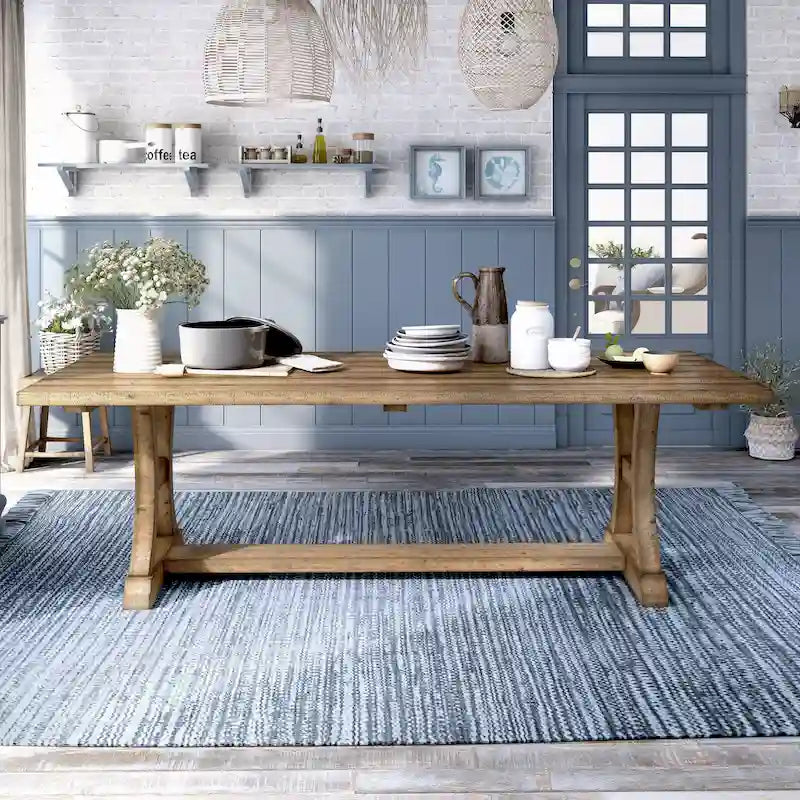 Farmhouse Solid Pine Wood Dining Table with Trestle Base — Weathered Finish