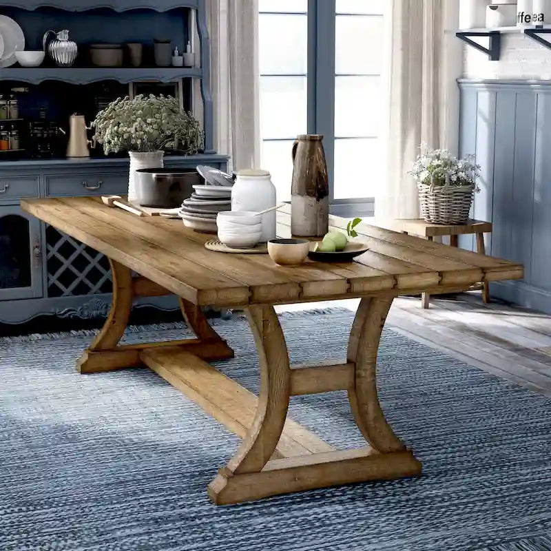 Farmhouse Solid Pine Wood Dining Table with Trestle Base — Weathered Finish