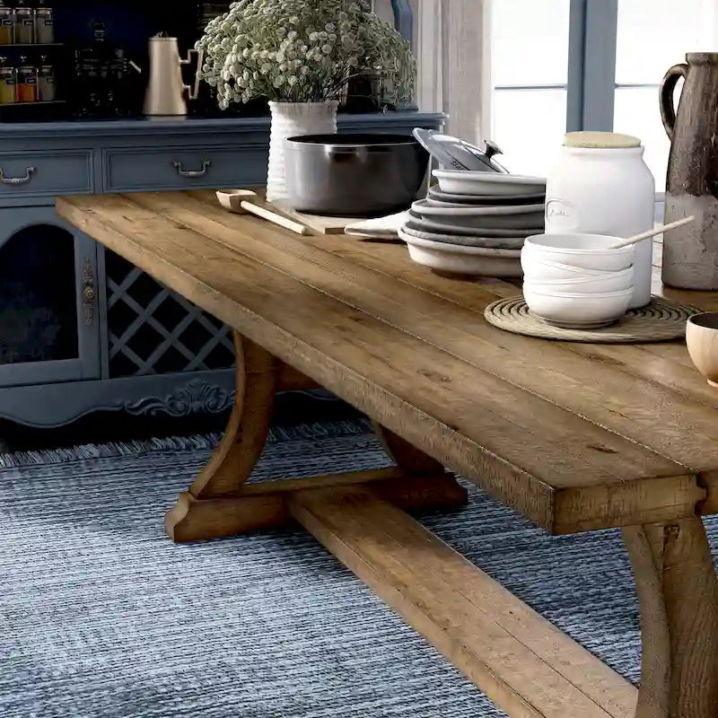 Farmhouse Solid Pine Wood Dining Table with Trestle Base — Weathered Finish