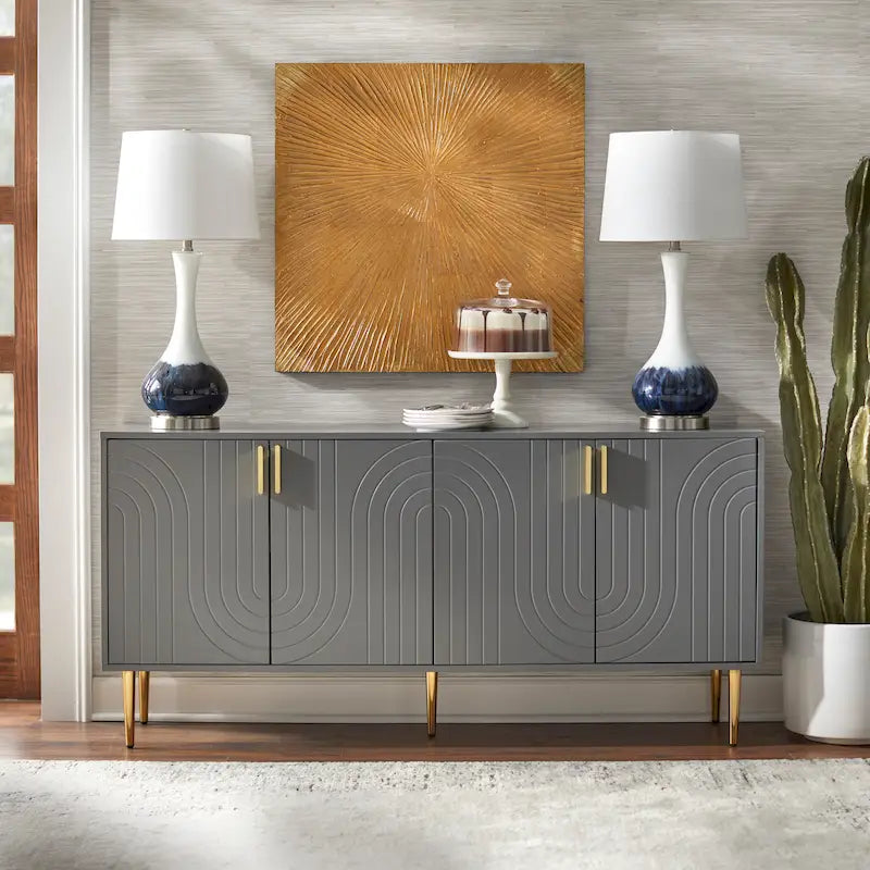 Mid-Century 4-Door Sideboard Buffet with Wave Pattern & Gold Legs