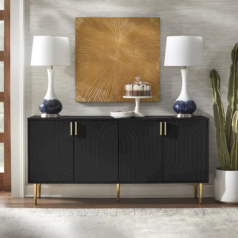 Mid-Century 4-Door Sideboard Buffet with Wave Pattern & Gold Legs