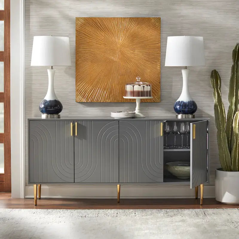 Mid-Century 4-Door Sideboard Buffet with Wave Pattern & Gold Legs