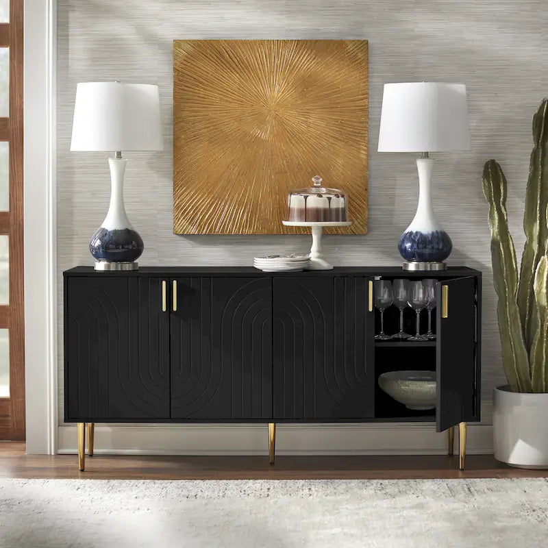 Mid-Century 4-Door Sideboard Buffet with Wave Pattern & Gold Legs