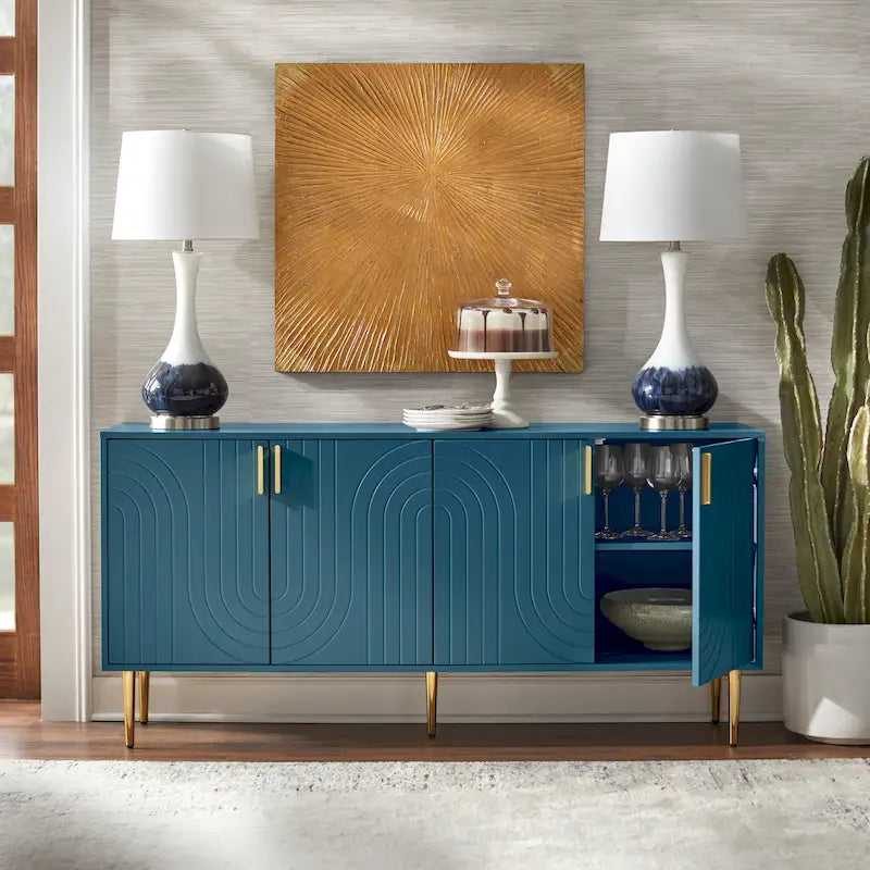 Mid-Century 4-Door Sideboard Buffet with Wave Pattern & Gold Legs