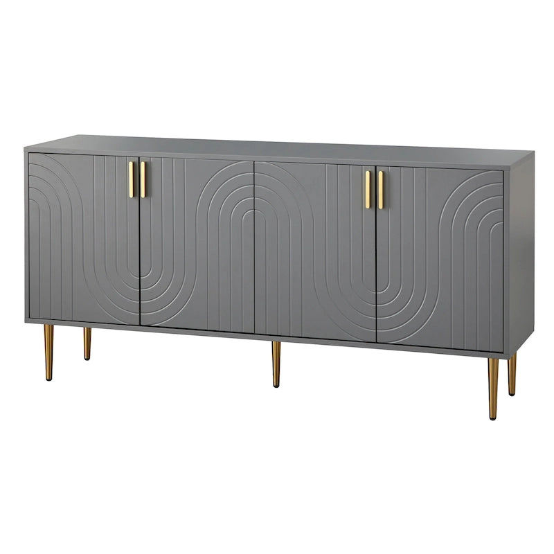 Mid-Century 4-Door Sideboard Buffet with Wave Pattern & Gold Legs