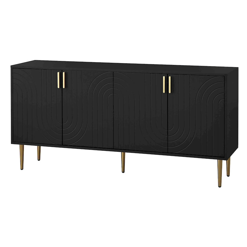 Mid-Century 4-Door Sideboard Buffet with Wave Pattern & Gold Legs