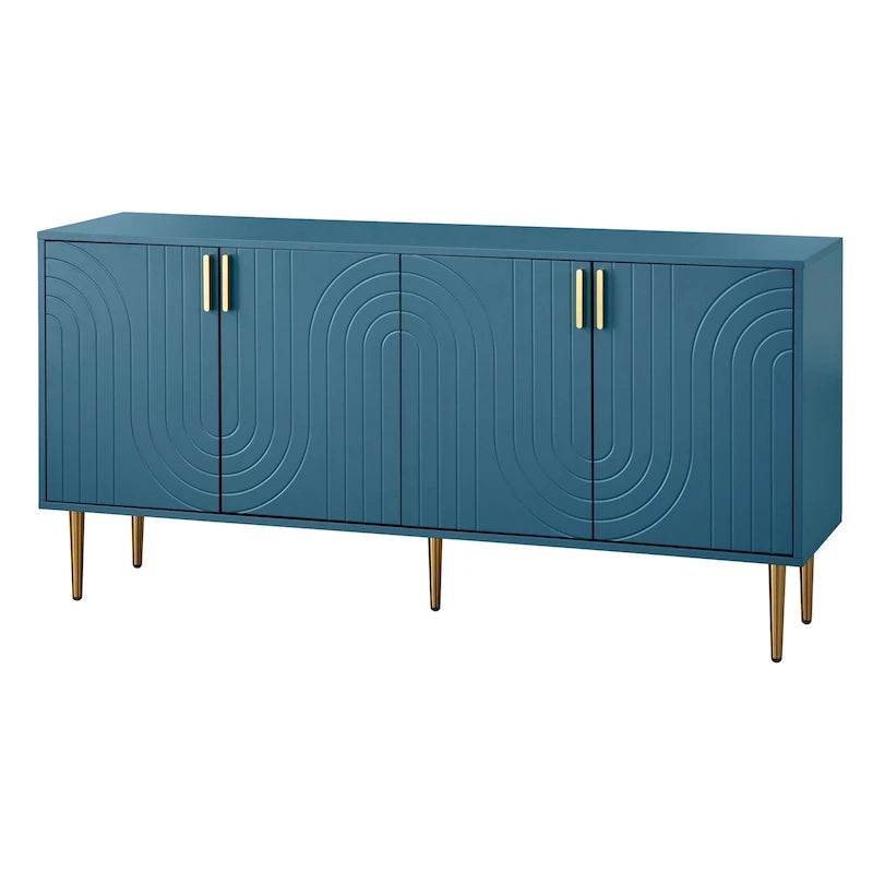 Mid-Century 4-Door Sideboard Buffet with Wave Pattern & Gold Legs