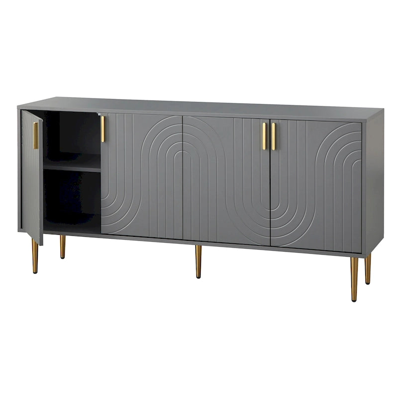 Mid-Century 4-Door Sideboard Buffet with Wave Pattern & Gold Legs