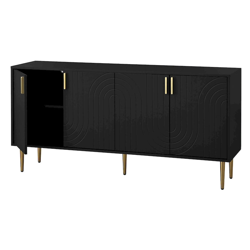 Mid-Century 4-Door Sideboard Buffet with Wave Pattern & Gold Legs