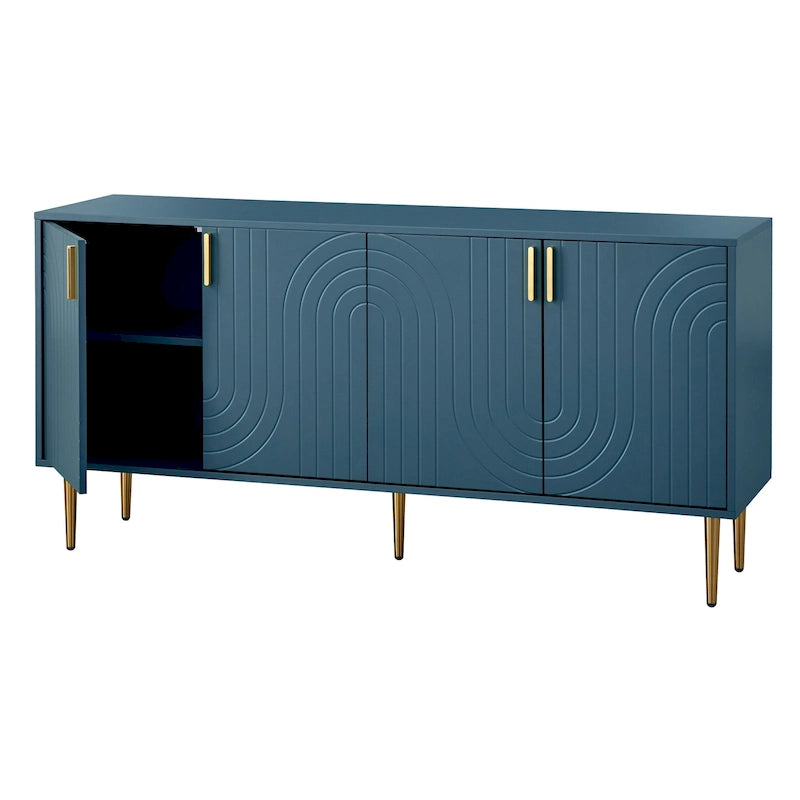 Mid-Century 4-Door Sideboard Buffet with Wave Pattern & Gold Legs