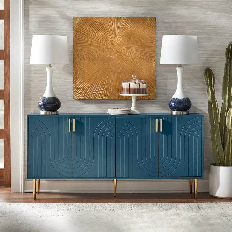 Mid-Century 4-Door Sideboard Buffet with Wave Pattern & Gold Legs