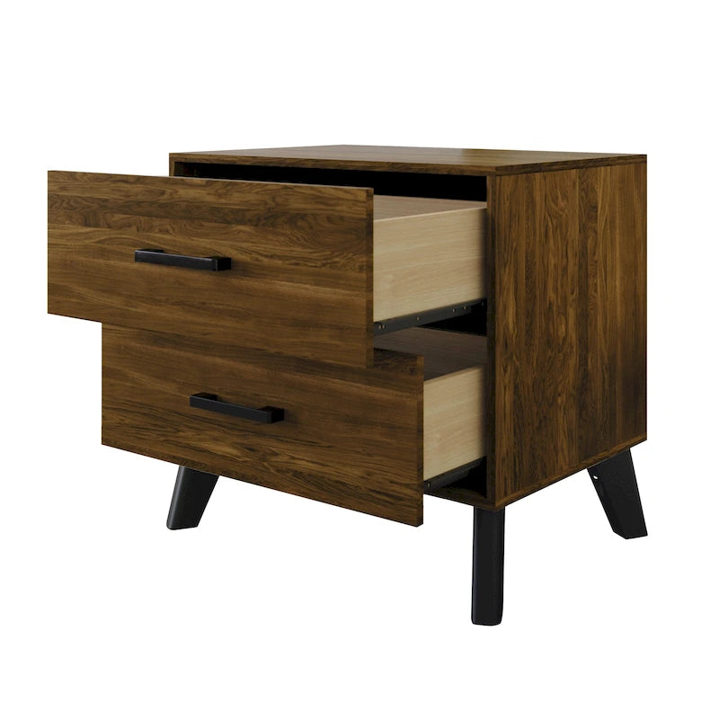 Contemporary Rustic 2-Drawer Wooden Nightstand with Tapered Legs