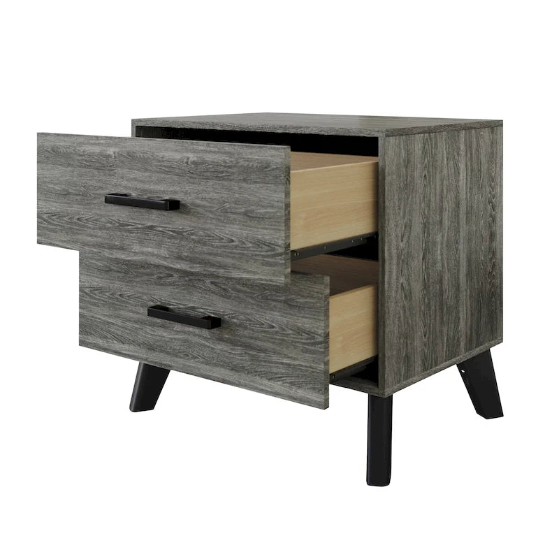 Contemporary Rustic 2-Drawer Wooden Nightstand with Tapered Legs