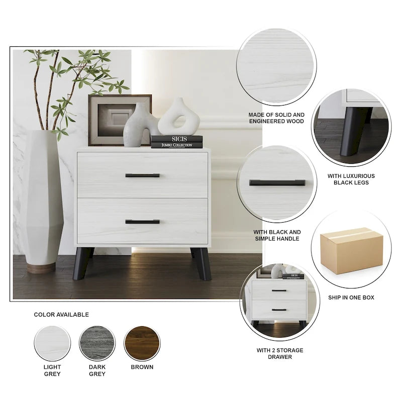 Contemporary Rustic 2-Drawer Wooden Nightstand with Tapered Legs