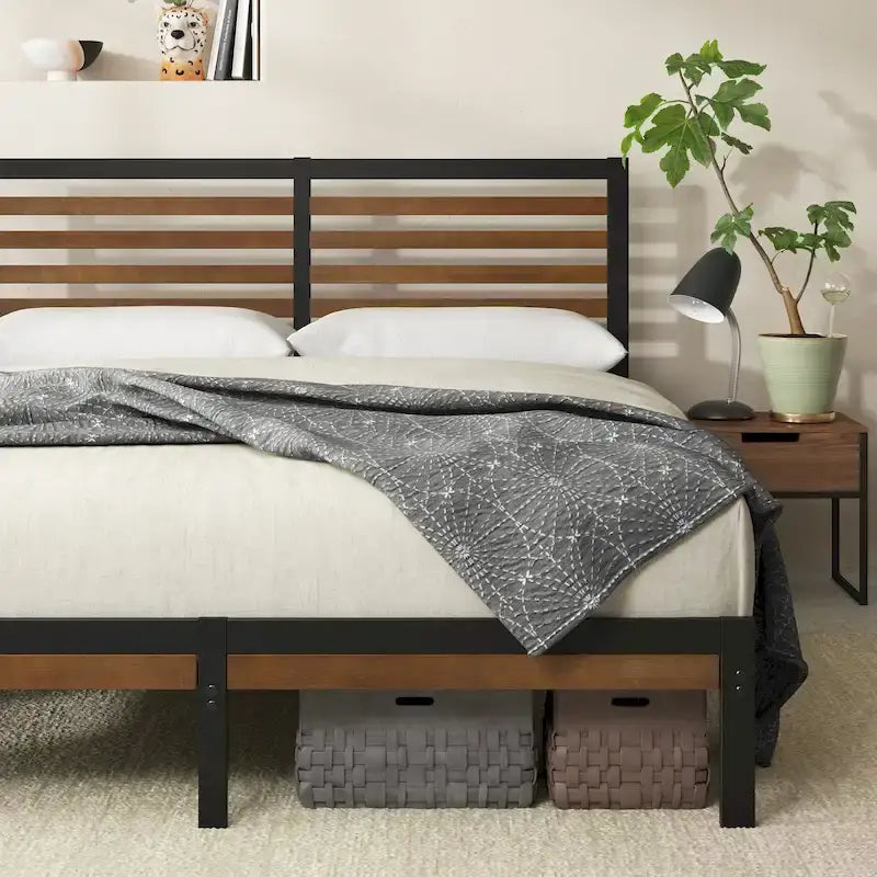 Bamboo & Steel Platform Bed Frame with Slatted Headboard — Brown