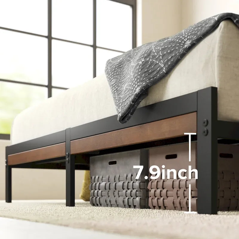 Bamboo & Steel Platform Bed Frame with Slatted Headboard — Brown