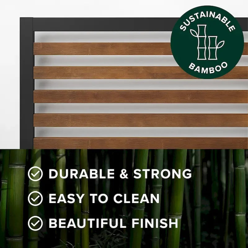 Bamboo & Steel Platform Bed Frame with Slatted Headboard — Brown
