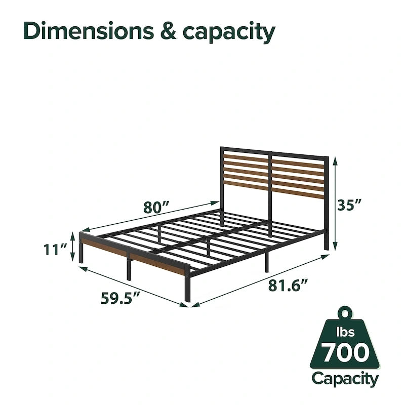 Bamboo & Steel Platform Bed Frame with Slatted Headboard — Brown