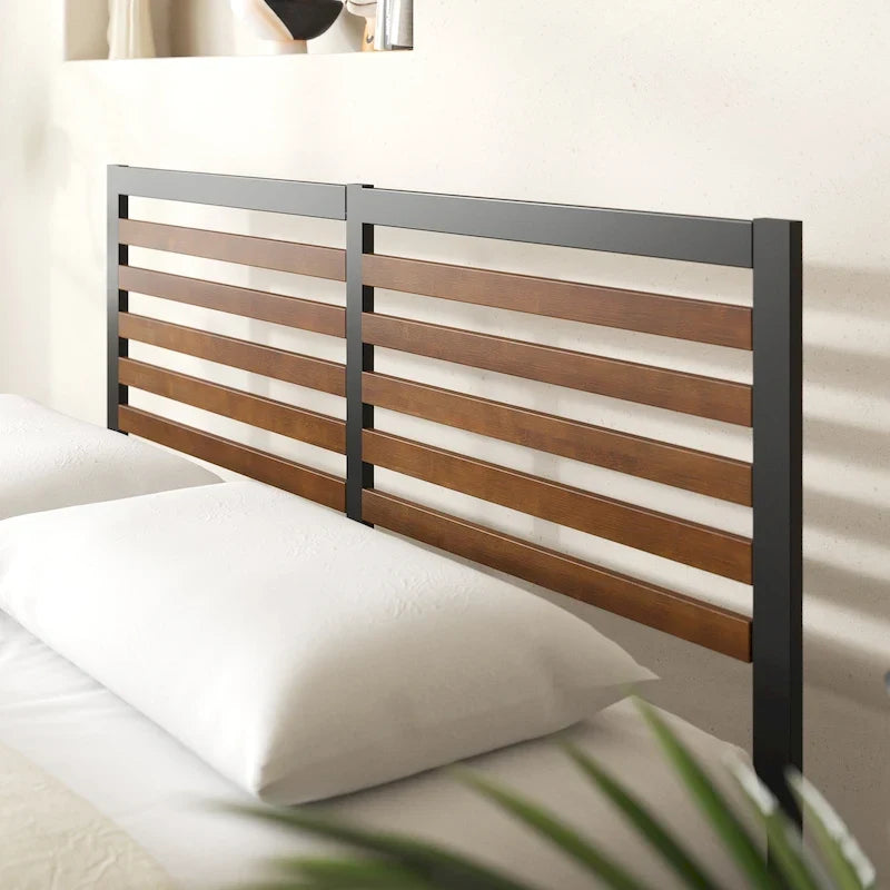 Bamboo & Steel Platform Bed Frame with Slatted Headboard — Brown