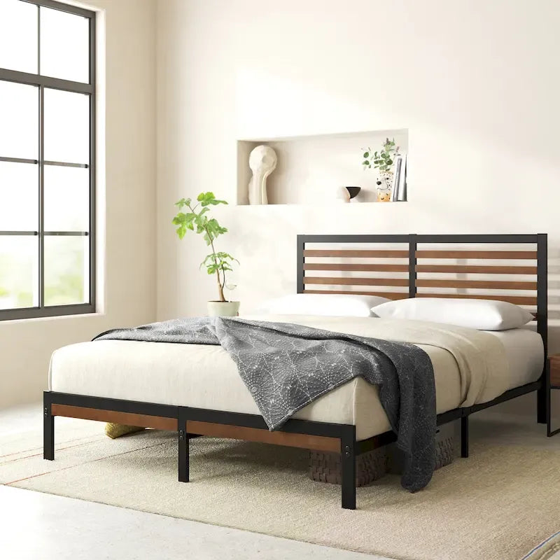 Bamboo & Steel Platform Bed Frame with Slatted Headboard — Brown