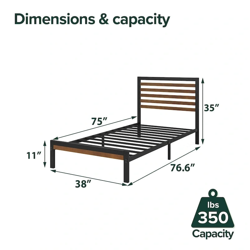 Bamboo & Steel Platform Bed Frame with Slatted Headboard — Brown
