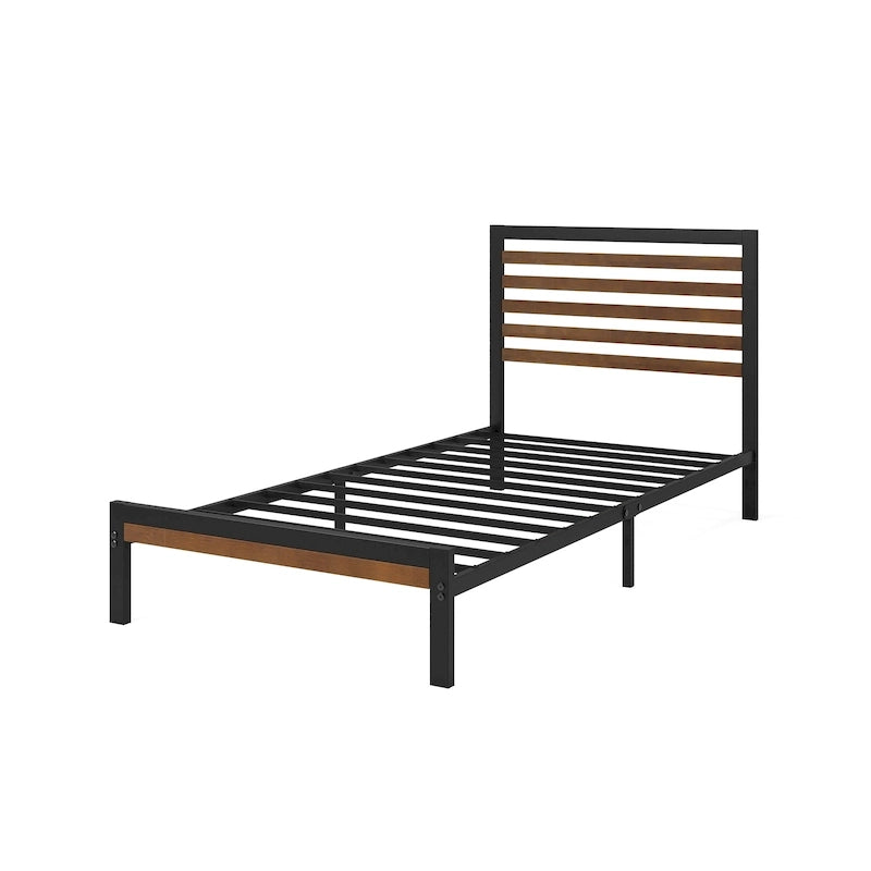 Bamboo & Steel Platform Bed Frame with Slatted Headboard — Brown
