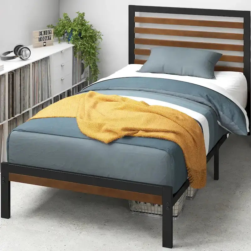 Bamboo & Steel Platform Bed Frame with Slatted Headboard — Brown