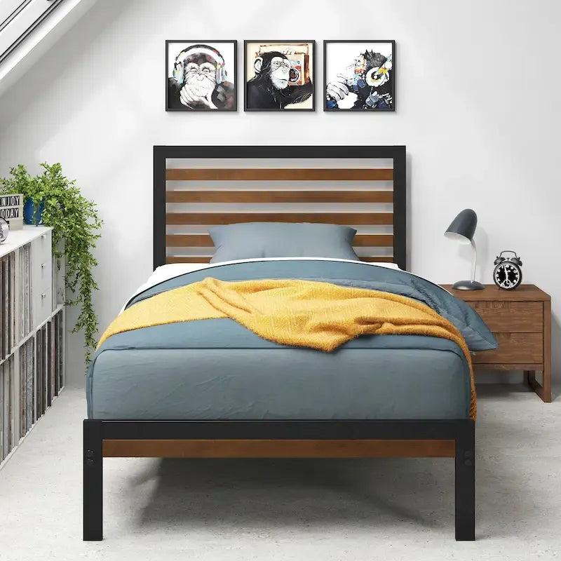 Bamboo & Steel Platform Bed Frame with Slatted Headboard — Brown