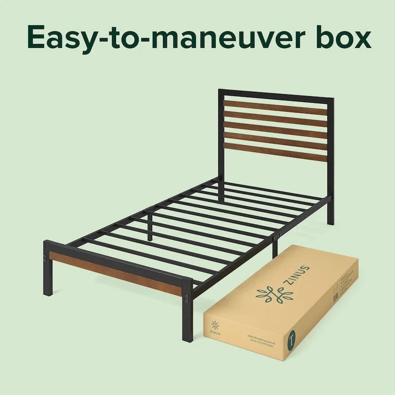 Bamboo & Steel Platform Bed Frame with Slatted Headboard — Brown